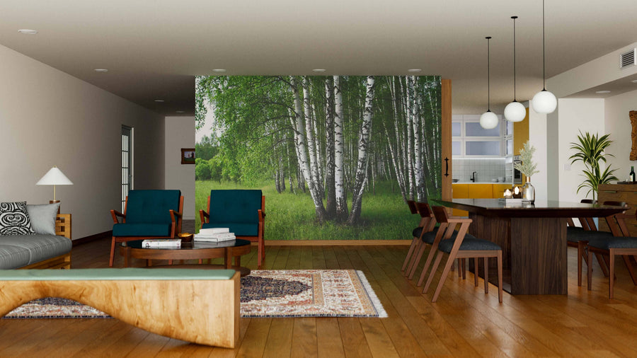 Modern open living and dining area with wooden floors, teal armchairs, and a gray sofa. The Birch Trees Grouping Wall Mural adds a natural touch, while warm lighting and contemporary decor perfect the inviting atmosphere.