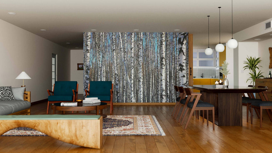 A modern open-plan living and dining room with wood floors, teal armchairs, a gray sofa, and the Birch Trees On Blue Sky Wall Mural on the partition. A wooden dining table with dark chairs sits beneath globe pendant lights, with rugs adding warmth.