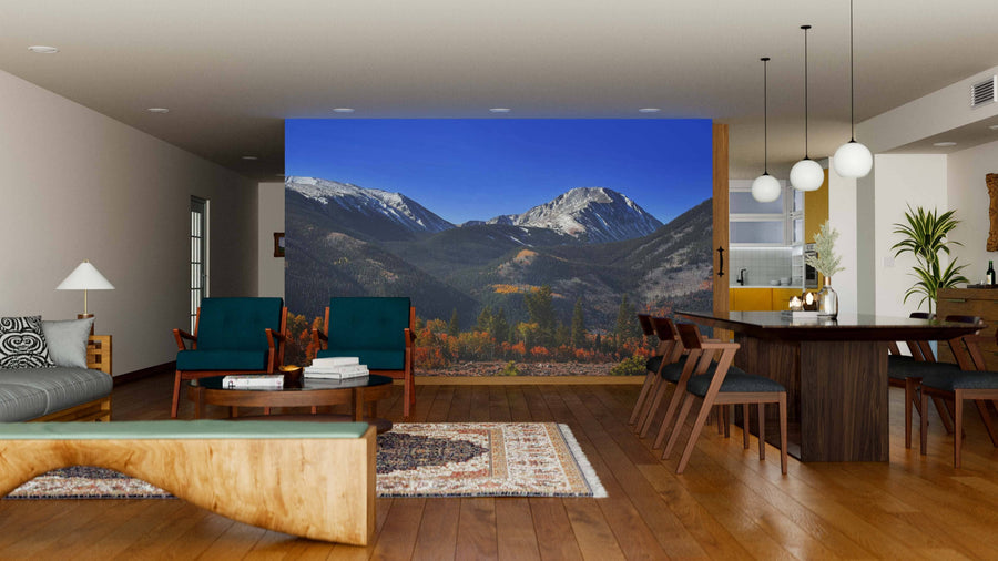 A modern living-dining room with wooden floors and mid-century furniture features a Colorado Rocky Mountains Wall Mural, adding a nature-inspired touch. Round pendant lights hang above a dark wooden dining table beneath the mural’s snowy peaks.