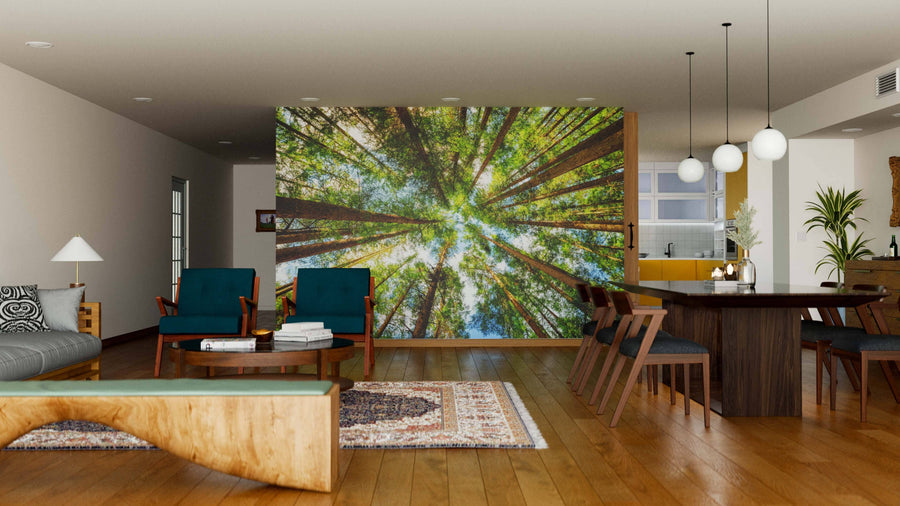 A modern open-plan living and dining area features wood floors, green chairs, wooden tables, and the Evergreen Forest Wall Mural—depicting tall trees viewed from below—for a forest canopy effect and a bright, cozy natural vibe.