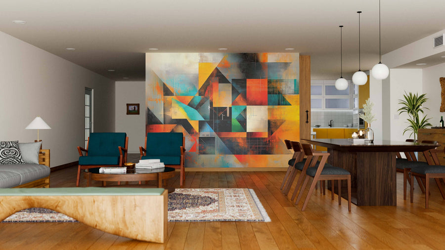 A modern open-plan living and dining room features wooden floors, teal armchairs, a gray sofa, a wooden coffee table, a dark wood dining table, spherical pendant lights, and a Fractured Spectrum Wall Mural. A kitchen with yellow accents appears in the background.