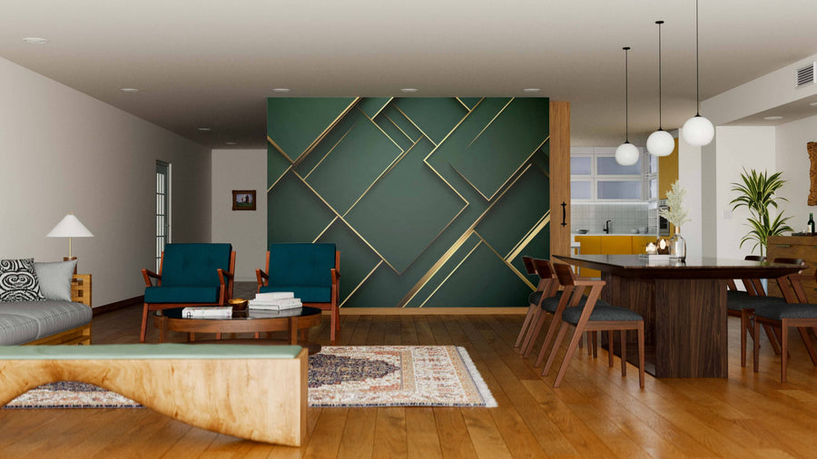 A modern living room features a dark green geometric wall, highlighted by a Golden Grid Wall Mural and gold accents. Two white rounded sofas and a brown leather chair surround a white coffee table decorated with potted plants. Neutral decor and a beige carpet complete the sophisticated look.
