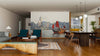 A modern living-dining room features wooden floors, mid-century furniture, and a Hong Kong Harbour Wall Mural with a red-sailed junk boat. Pendant lights illuminate the dining table, and rugs accentuate the seating areas.