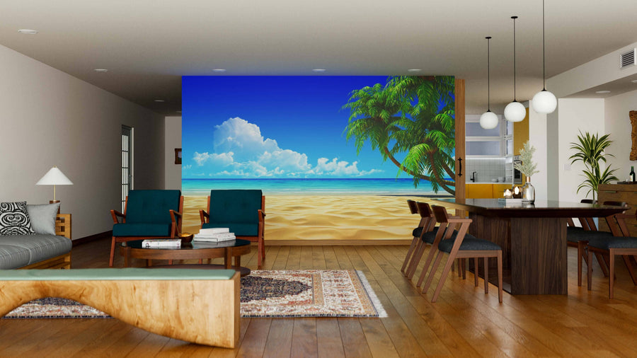 A modern living and dining room features wooden floors, sleek furniture, and the Idyllic Tropical Beach Wall Mural—a peel-and-stick design showing sand, palm trees, and blue sky for a realistic ocean view effect.