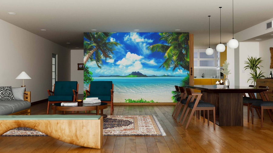 A spacious modern living-dining room features wooden floors, mid-century furniture, and a large Magical Coast Wall Mural depicting a tropical beach with blue sky, clouds, palm trees, and islands for a relaxing atmosphere.