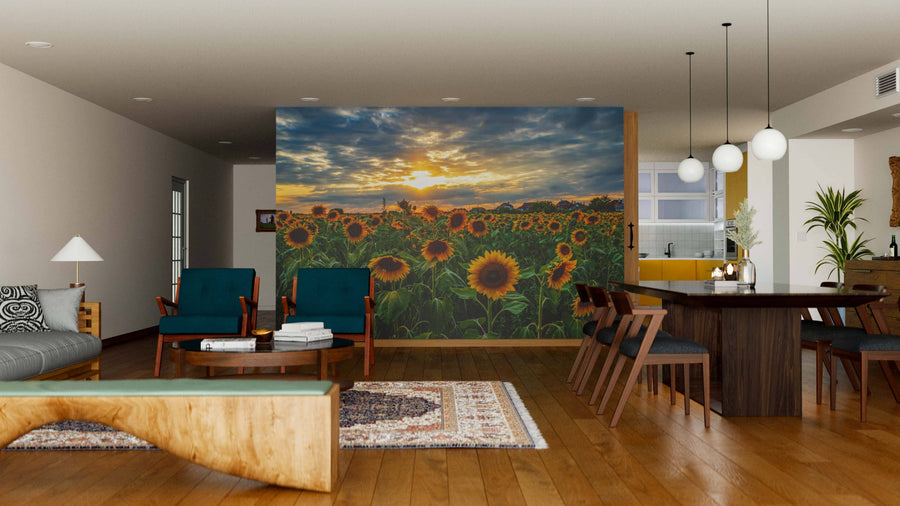 A modern living-dining area with wood floors features the Magnificent Sunset over Sunflower Field Wall Mural, teal chairs, a wooden bench, globe pendant lights, cozy decor, and contemporary style.