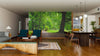 A modern living-dining room with wooden floors, teal chairs, and a sofa features the Park in Autumn Time Wall Mural, bringing nature indoors. Globular pendant lights add elegance above the spacious dining table.