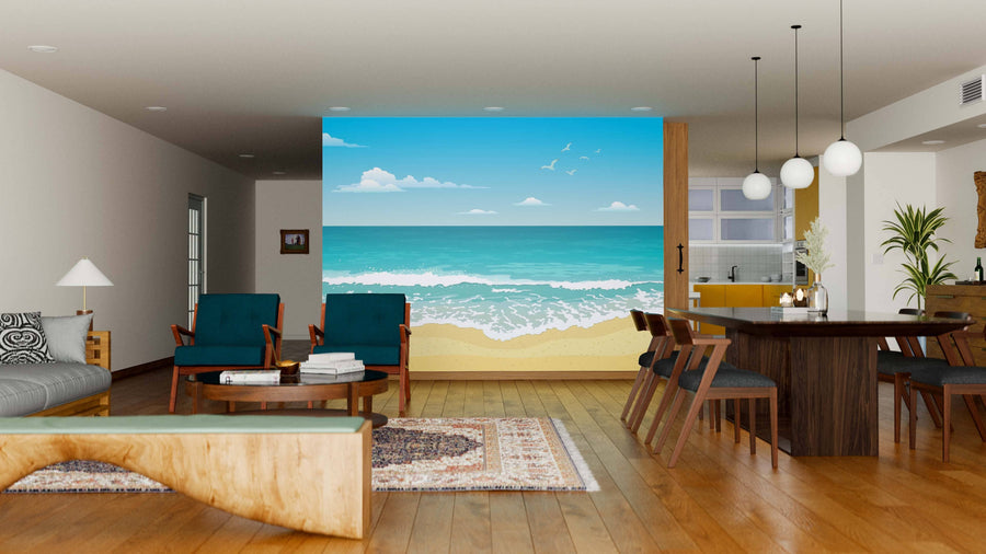 Modern open-plan living and dining area with wooden floors, stylish furniture, and a Seascape Vector Wall Mural displaying a vivid ocean scene, bringing an airy, coastal vibe to the room.