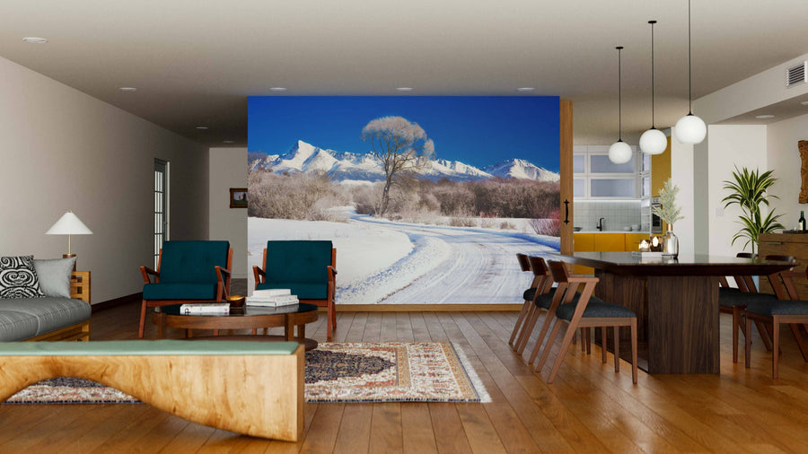 A modern living and dining area features wood floors, teal chairs, and a large Snow-Covered Trees and Frozen Lake Wall Mural. Pendant lights hang above the table, with the kitchen visible in the background.