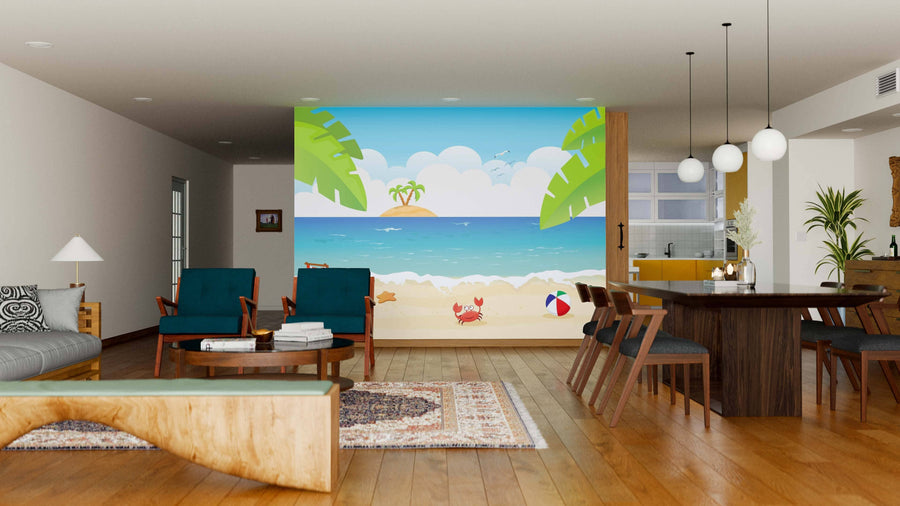 A bright, inviting open-plan living and dining area with wooden floors, stylish furniture, and a colorful Summer Beach Vector Wall Mural featuring sand, sea, palm trees, and cartoon sea creatures.