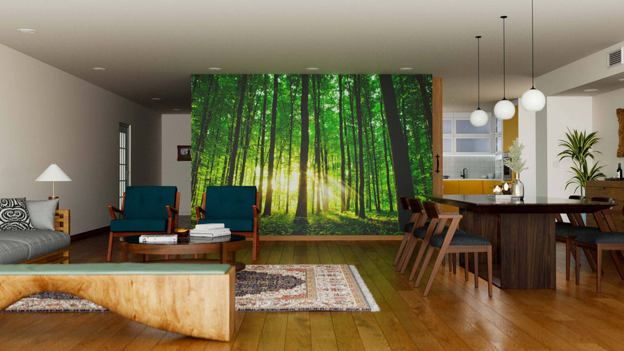 Modern living-dining room with wooden floors, mid-century furniture, and the Sunbeams and Beautiful Green Forest Wall Mural. Sunlight streams through the mural’s trees, creating a vibrant, nature-inspired ambiance in this stylish interior.