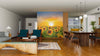 A modern open-plan living and dining area with wood flooring, teal chairs, a wooden dining table, and the Sundown on Sunflower Field Wall Mural separates the space from a vibrant yellow kitchen in the background.