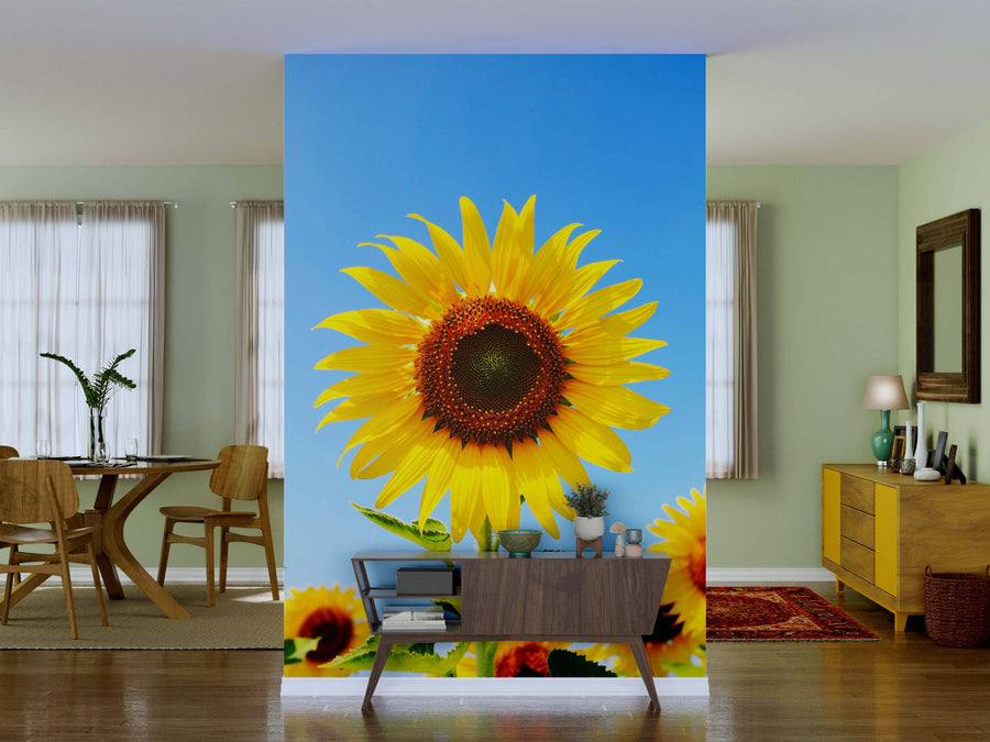 A modern living room showcases the Sunflower Wall Mural, featuring a large sunflower against a bright blue sky. Wooden furniture, potted plants, green walls, sheer-curtained windows, and a red rug create an inviting atmosphere.