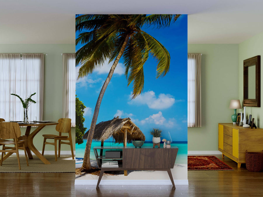 A modern living room showcases a dining table, chairs, and sideboard. The "Swing on a Tropical Beach Wall Mural" offers an easy-to-apply, peel and stick tropical scene—instantly transforming your space with paradise views.