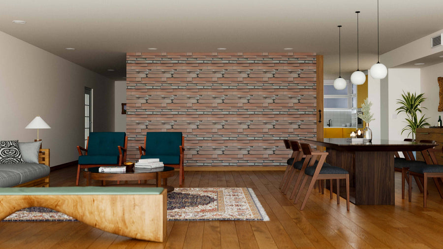 A modern living and dining area with wooden floors, blue armchairs, a gray sofa, a dark dining table, and the Timeless Bricks Wall Mural for added style. Globe pendant lights and a cozy rug complete the look.