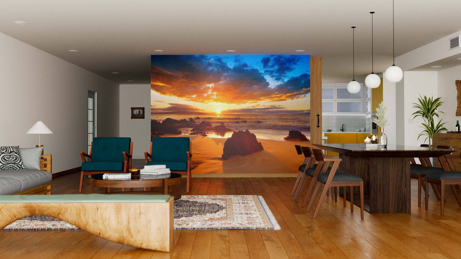Modern living and dining area with wooden floors and furniture, stylish rugs, pendant lamps, and a custom touch from the striking Vibrant Sunset in Hawaii Wall Mural removable wallpaper. Warm lighting enhances this inviting space.
