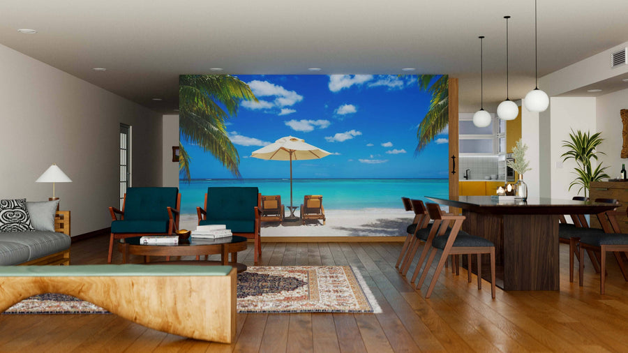 Modern living and dining room with wooden flooring, teal and wood furniture, pendant lights, and a White Beach Wall Mural peel-and-stick mural creates a relaxing, open atmosphere that's easy to refresh.