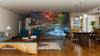 A modern living-dining room features wood floors, contemporary furniture, and a striking Zion Canyon Narrows Wall Mural with a flowing river and red canyon, adding vibrant natural scenery to the sophisticated interior.