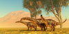 Three large, long-necked dinosaurs roam a grassy plain near palm-like trees. Transform your space with the Dino 6 Wall Mural—peel and stick for easy application and removal, bringing this prehistoric scene to life in minutes.