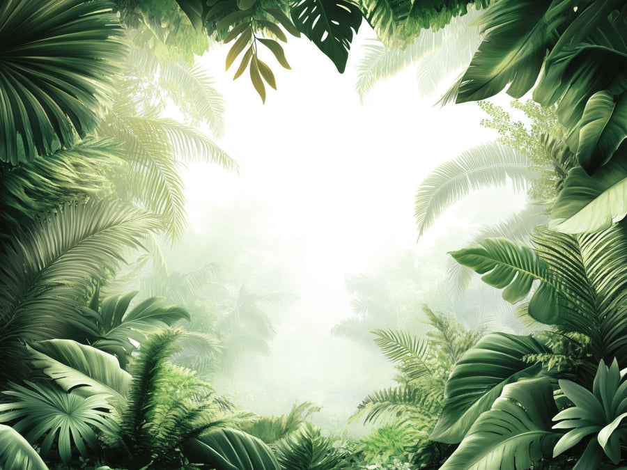 A modern living room showcases the "Lush Oasis Wall Mural" with lush green tropical leaves. It includes a white curved sofa, a round plant-adorned coffee table, and a tan leather chair. Soft lighting enhances the serene, nature-inspired atmosphere.