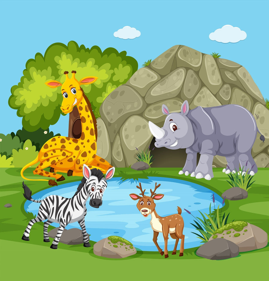 A nursery features a white crib, orange blanket, wicker stool, and the Lush Safari Scene Wall Mural with cartoon giraffe, zebra, deer, and rhino by a pond. Light filters through sheer curtains and a round mirror decorates the wall.