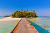 A wooden boardwalk leads over turquoise waters to a lush island with palm trees and sandy beaches, similar to the Maldives Wall Mural by Photo. Overwater bungalows stand under the clear blue sky, and a potted plant rests on the boardwalk.