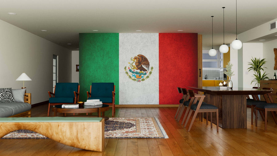 A room with a flag painted on the wall, featuring a Mexico Wall Mural that adds vibrant personality and style.