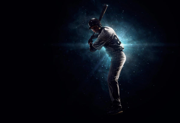 The Baseball 13 Wall Mural shows a baseball player in a helmet and striped uniform ready to bat, illuminated by dramatic blue-white light—capturing the anticipation and adding dynamic, personalized wall decor to any room.