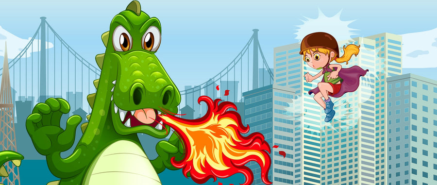 Nursery 5 Wall Mural features a cartoon girl in a helmet and cape leaping between city buildings as a green dragon breathes fire, with skyscrapers and a bridge in the background—ideal for custom printed wall murals or removable wallpaper.