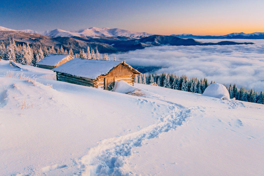 snowy cabin with mountain views, chalets in the mountains at sunset – Peel and Stick Wall Murals