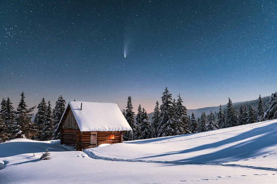 Cozy log cabin nestled in snowy winter wonderland – Peel and Stick Wall Murals