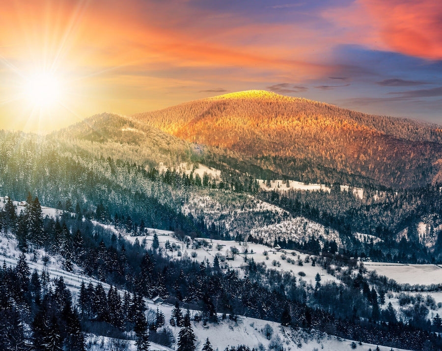 stunning sunset over snow-capped mountains in the Carpathians during winter – Peel and Stick Wall Murals