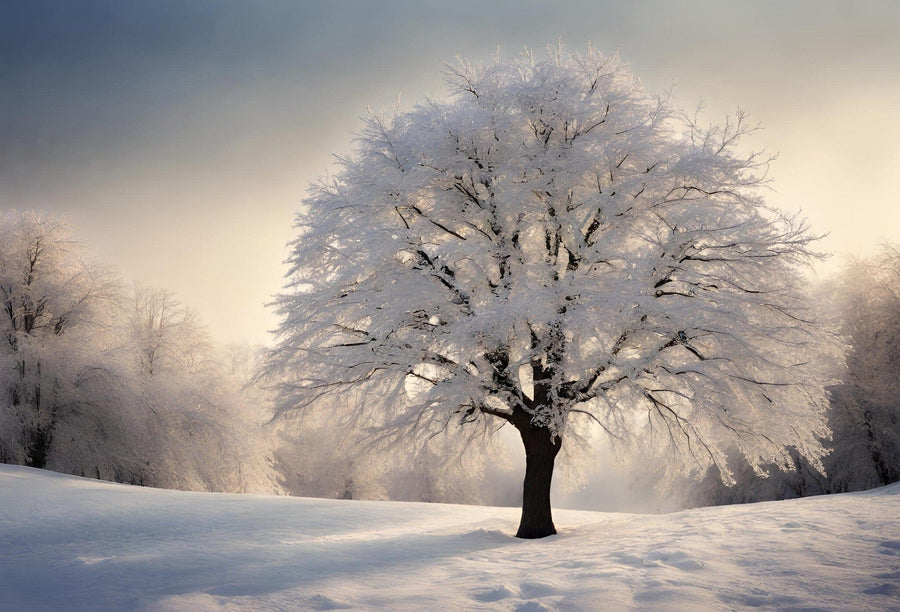 Snow-covered tree in the middle of a field during winter – Peel and Stick Wall Murals