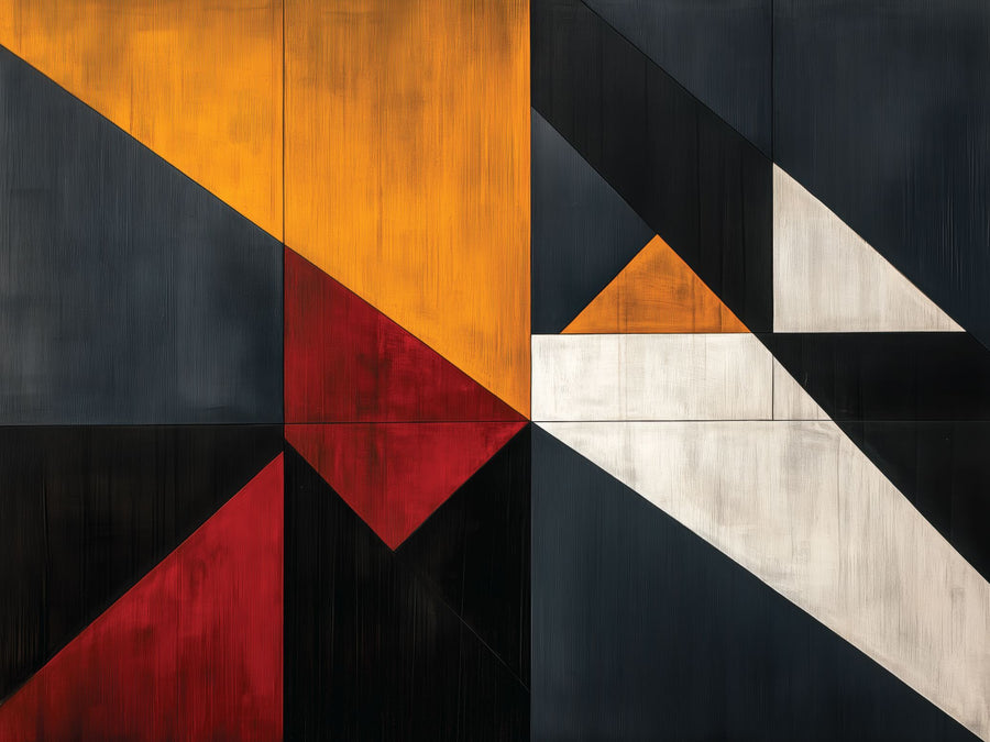 The Abstract Contrast Wall Mural features an abstract geometric design with overlapping black, white, orange, and red shapes. It includes dynamic triangles and rectangles with intersecting lines and textured finishes for a bold, modern look, making it perfect as a peel and stick wall mural.