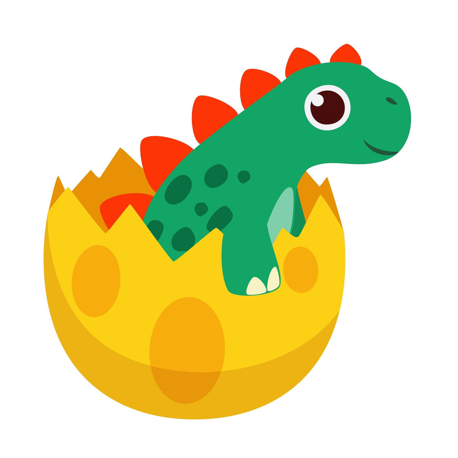 The Nursery 5 Wall Mural features a cute green cartoon dinosaur with red spikes and black spots hatching from a yellow egg with orange spots—ideal peel-and-stick wallpaper for playful spaces.