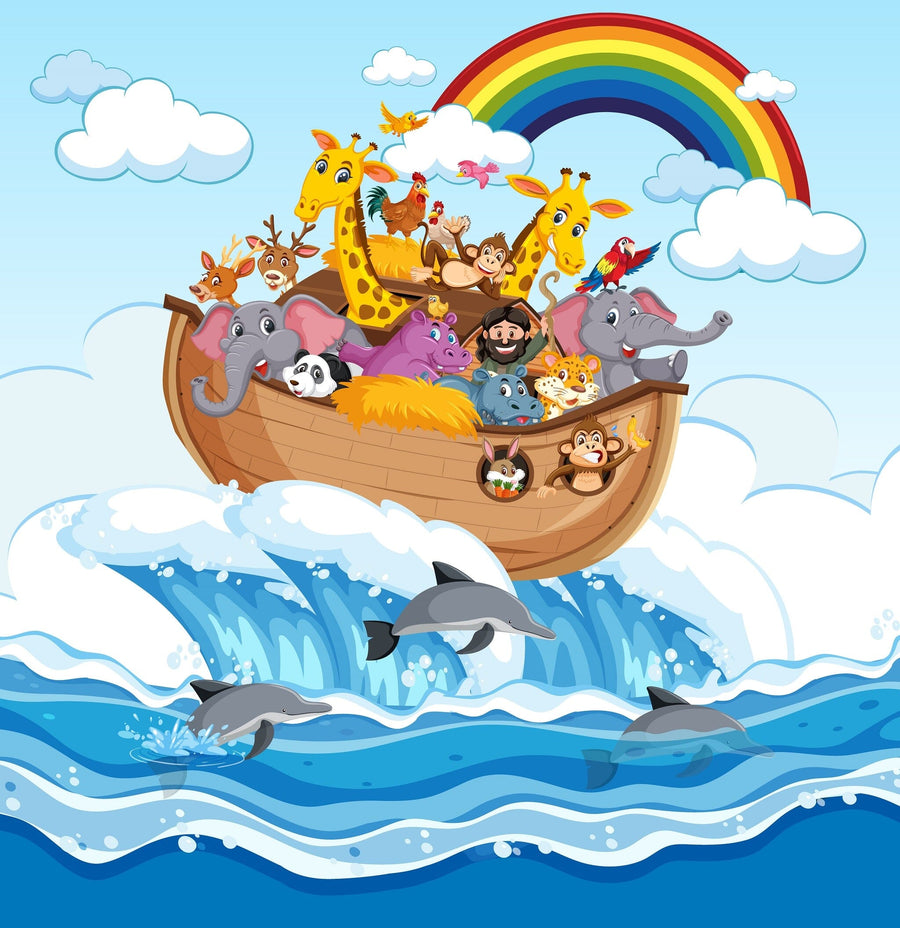 Brighten your space with the Nursery 7 Wall Mural, featuring a wooden ark of smiling cartoon animals, playful dolphins, and a vibrant rainbow. This peel and stick mural is easy to apply—perfect for custom printed wall décor.