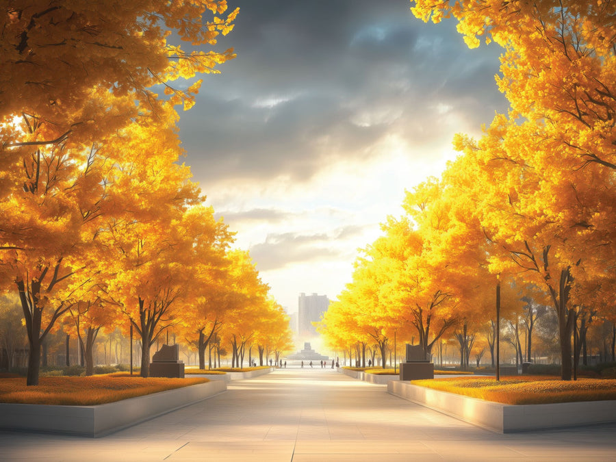 A bright walkway lined with vibrant yellow autumn trees leads to a city skyline under a dynamic sky, reminiscent of an Autumn Boulevard Wall Mural, with sunrays peeking through clouds and people strolling peacefully in the distance.