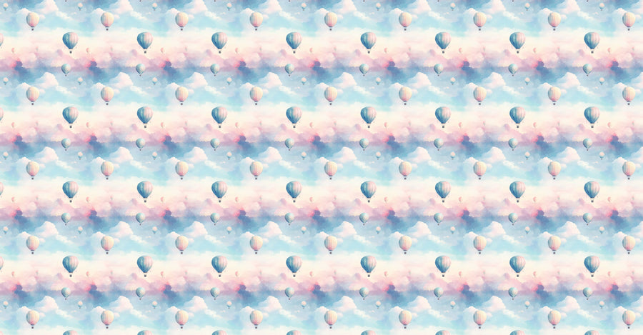 The Balloon Adventure Wall Mural features pastel-colored hot air balloons floating among fluffy clouds, creating a whimsical and dreamy atmosphere. It is available as a custom printed mural or peel and stick removable wallpaper, alternating soft pink and blue against the light sky.