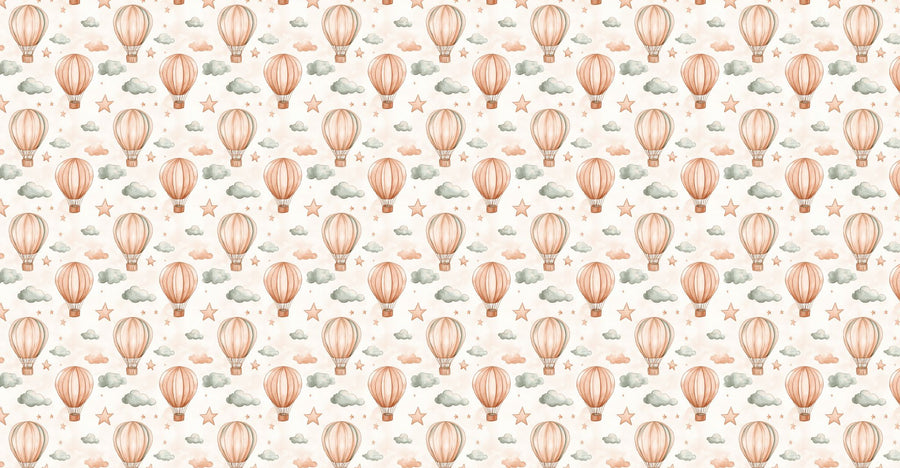 The Balloon Voyage Wall Mural features a whimsical design with vintage-style hot air balloons in pinkish-brown, gray clouds, and orange stars on a light beige background. Its nostalgic pattern adds charm to any space, making it ideal for peel and stick wall murals.