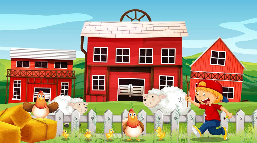 A cheerful boy in a red cap runs by a white farm fence from the Nursery 15 Wall Mural. Nearby, two sheep stand with chickens and chicks. Red barns and a haystack are set against green hills and a blue sky.