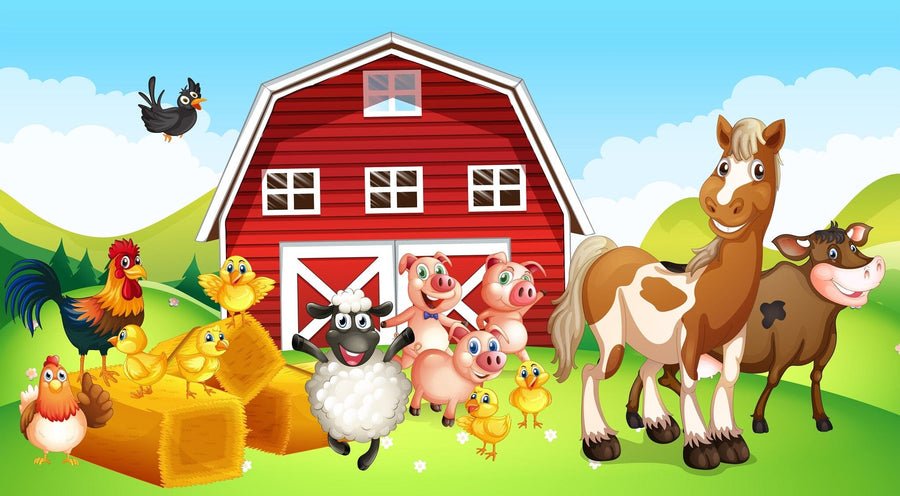 The Barnyard Friends Wall Mural showcases a cartoon farm scene with a red barn, brown and white horse, cow, pigs, chicks, sheep, and rooster. It features rolling green hills under a blue sky with hay bales in the foreground and a black bird above—ideal for custom printed or peel and stick wall murals.