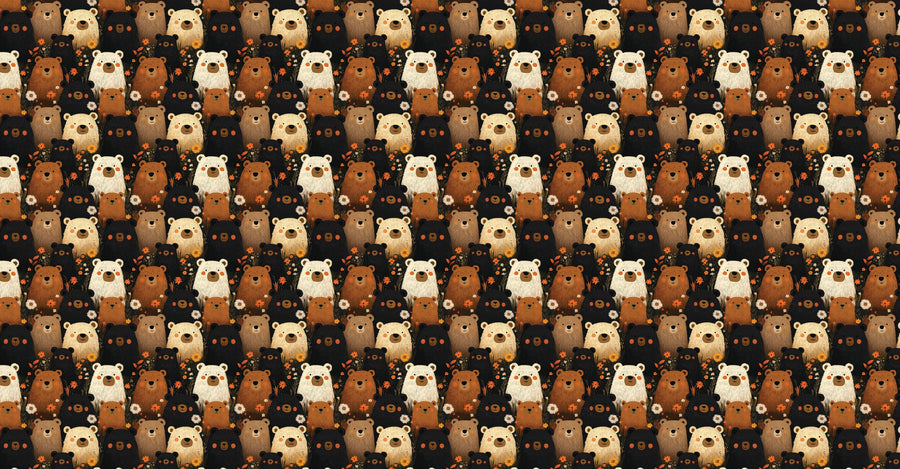 The Bear Family Wall Mural features cartoon bears in brown and cream, each with unique expressions. They form a seamless, colorful pattern on a dark background perfect for custom murals or removable wallpaper projects.