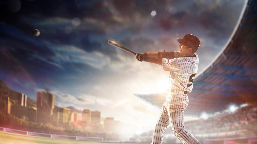 Bring stadium energy to any room with the Baseball 2 Wall Mural. This peel and stick mural shows a baseball player in a striped uniform swinging at a ball, featuring matte canvas texture—perfect for sports fans.