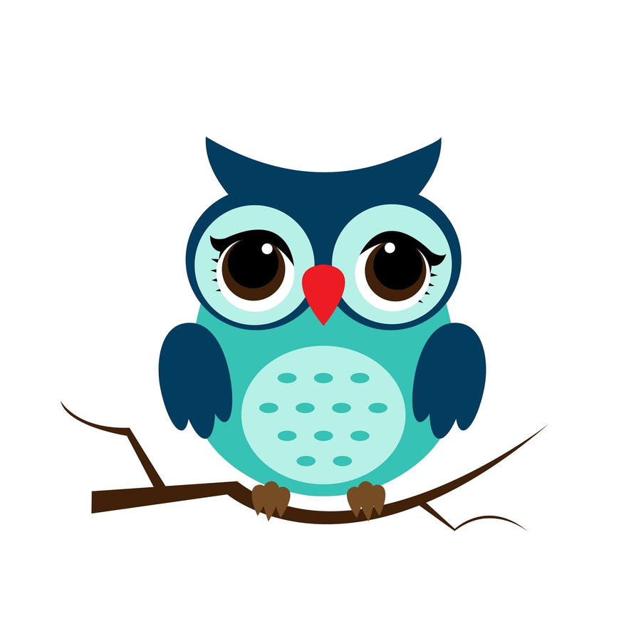 The Nursery 19 Wall Mural features a teal-bodied owl with dark blue wings, big eyes, a red beak, and a spotted belly. It sits on a simple brown branch against a white background, perfect for peel-and-stick custom murals.