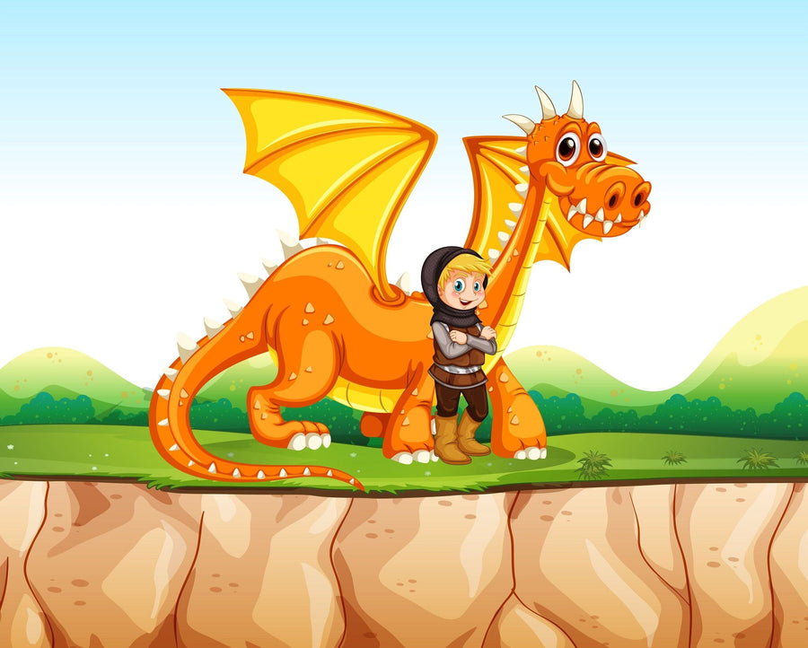 Brighten any room with the Boy and Dragon Wall Mural, featuring a cheerful child in medieval attire beside a large orange dragon on a grassy cliff. Available as a custom or peel-and-stick mural to liven up your space.