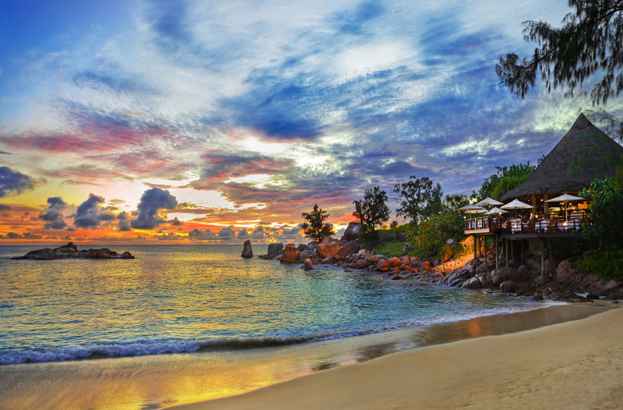 Cafe on tropical beach at sunset – Peel and Stick Wall Murals