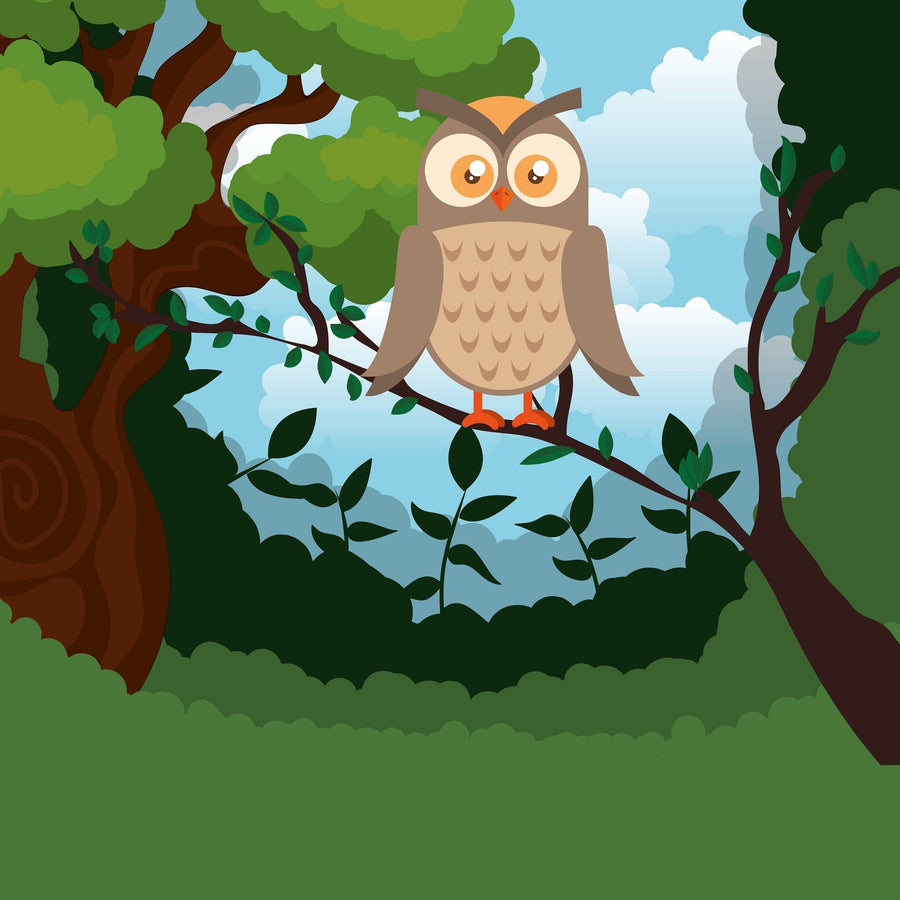 The Calm Owl Wall Mural features a cartoon owl with large orange eyes and brown-beige patterned feathers, perched on a branch amidst vibrant green foliage. The mural's backdrop displays a blue sky with fluffy clouds and trees decorated with rich green leaves, ideal for custom prints.