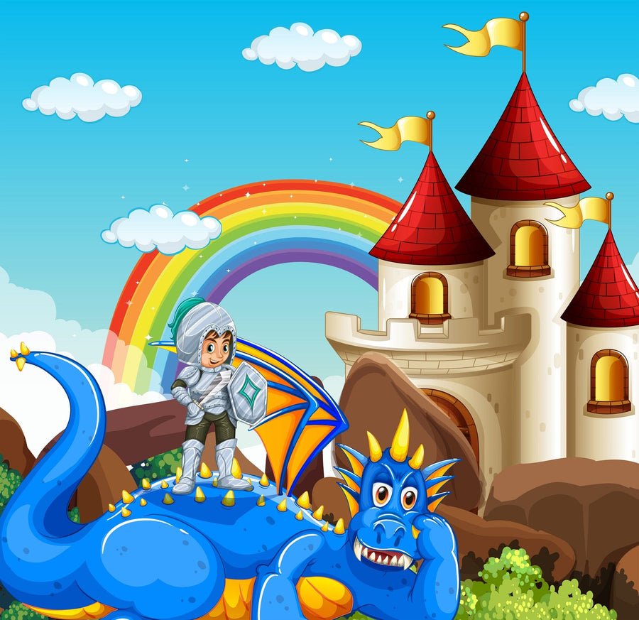 A cheerful knight in silver armor stands on a blue dragon with orange wings, with a castle and rainbow in the background—a magical scene from the Nursery 13 Wall Mural, perfect for brightening up any child’s room.