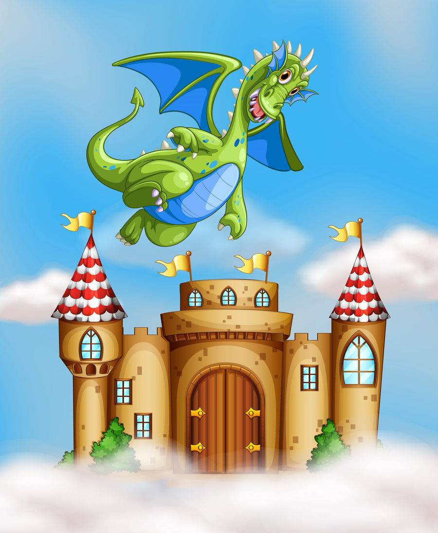 The Castle in the Clouds Wall Mural features a green dragon with blue wings soaring above a tan stone castle with red-and-white roofs, yellow flags, and wooden doors beneath blue sky and clouds—ideal for imaginative spaces.