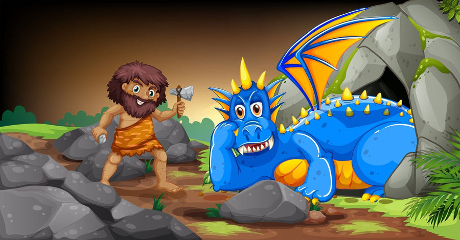 The Caveman and Beast Wall Mural features a tired blue dragon with yellow spikes resting by a cave, as a cheerful caveman in an orange animal-skin outfit holds a stone axe and rock—perfect for playful decor in any kid's room.
